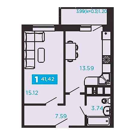 1 комнатная 41.42м²