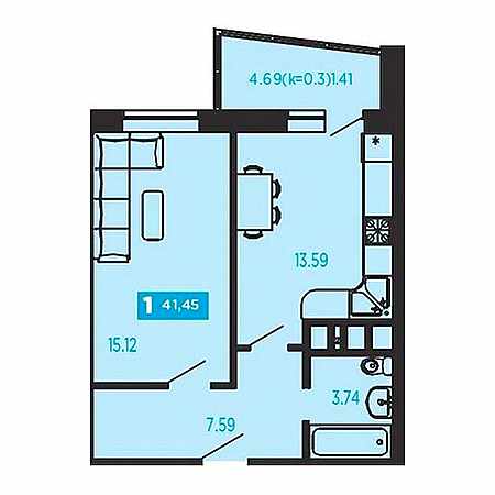 1 комнатная 41.45м²