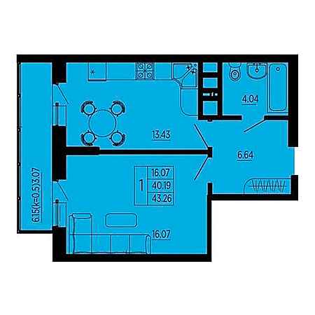 1 комнатная 43.26м²