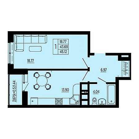 1 комнатная 45.12м²