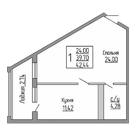 1 комнатная 42.44м²