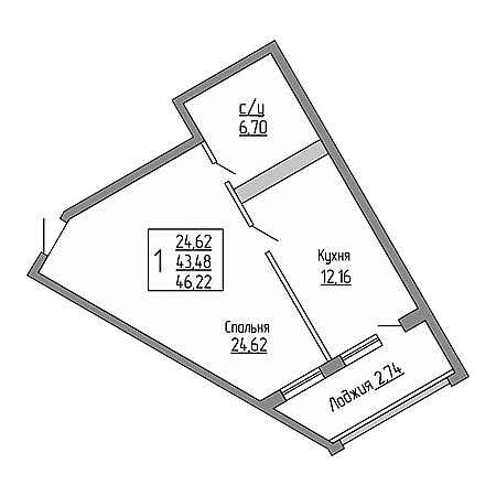 1 комнатная 46.22м²