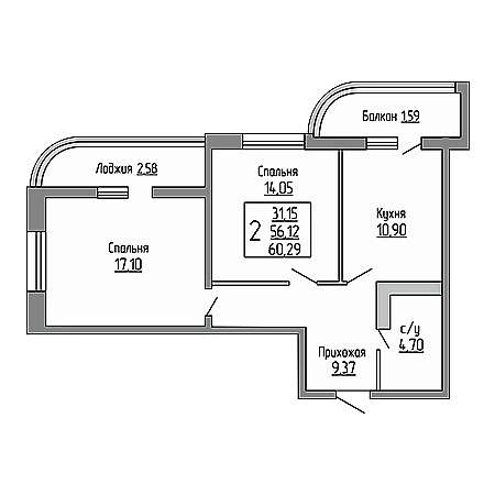 2 комнатная 60.29м²