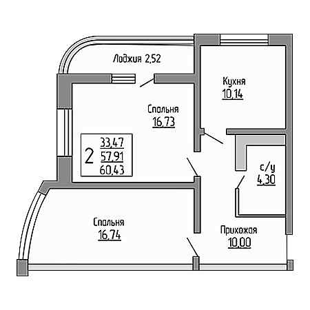 2 комнатная 60.43м²