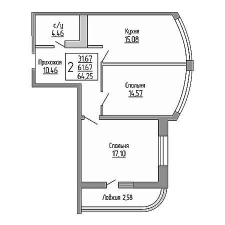 2 комнатная 64.25м²