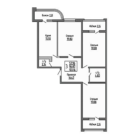 3 комнатная 103.16м²