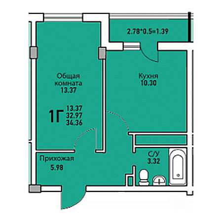 1 комнатная 34.36м²