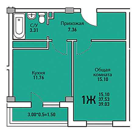 1 комнатная 39.03м²