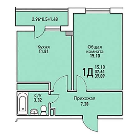 1 комнатная 39.09м²