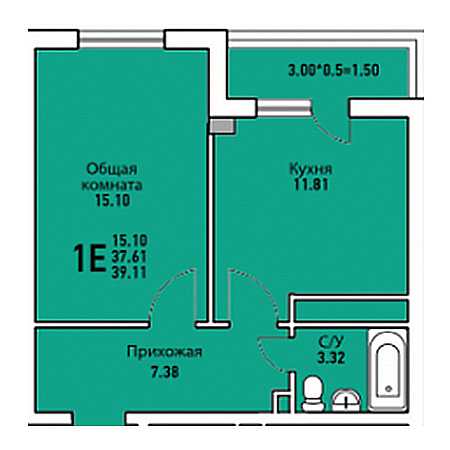 1 комнатная 39.11м²