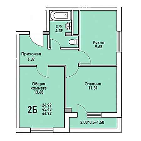 2 комнатная 46.93м²