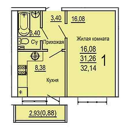 1 комнатная 32.14м²