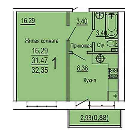 1 комнатная 32.35м²