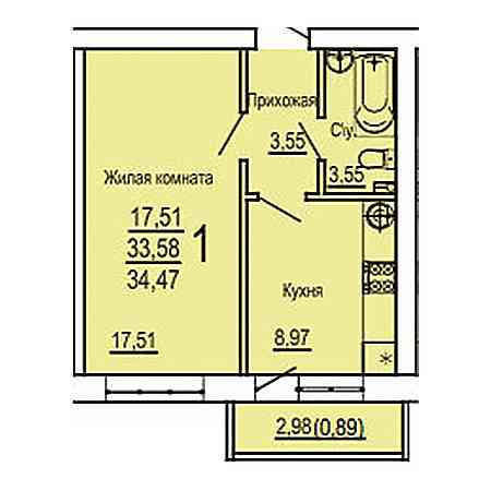 1 комнатная 34.47м²