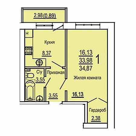 1 комнатная 34.87м²