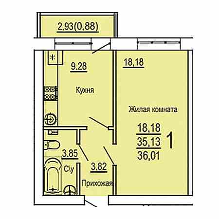 1 комнатная 36.01м²