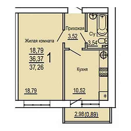 1 комнатная 37.26м²