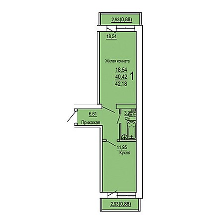 1 комнатная 42.18м²