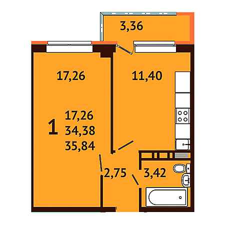 1 комнатная 35.84м²