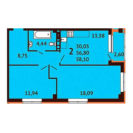 2 комнатная 58.1м²