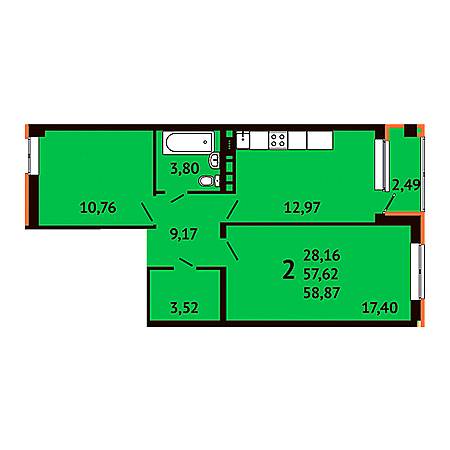 2 комнатная 58.87м²