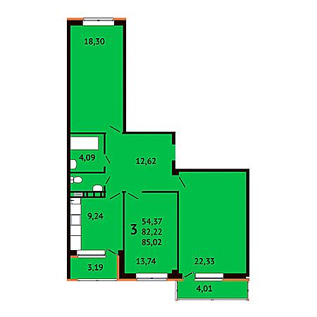 3 комнатная 85.02м²