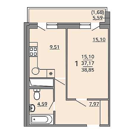 1 комнатная 38.85м²