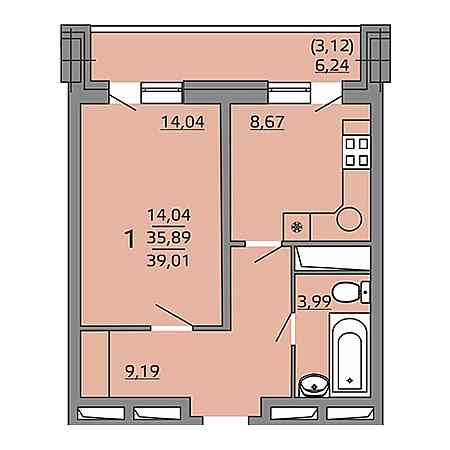 1 комнатная 39.01м²