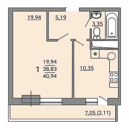 1 комнатная 40.94м²