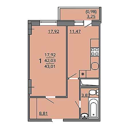 1 комнатная 43.01м²