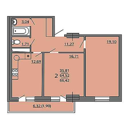 2 комнатная 66.42м²