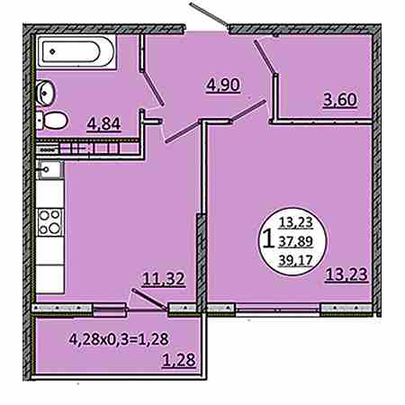 1 комнатная 39.17м²