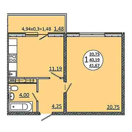 1 комнатная 41.67м²