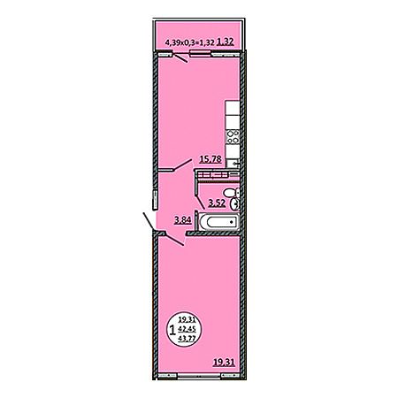 1 комнатная 43.77м²