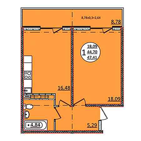 1 комнатная 47.41м²