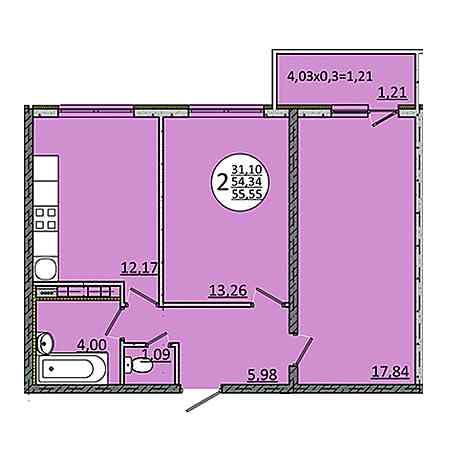 2 комнатная 55.55м²