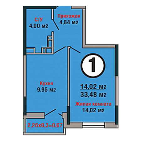 1 комнатная 33.48м²