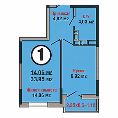 1 комнатная 33.95м²