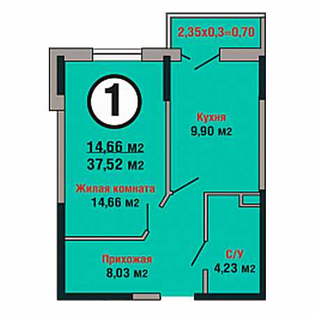 1 комнатная 37.52м²