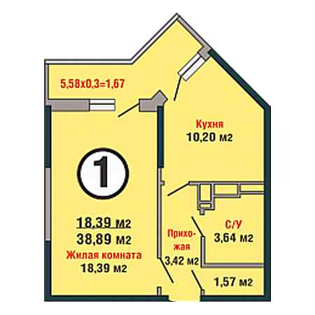 1 комнатная 38.89м²