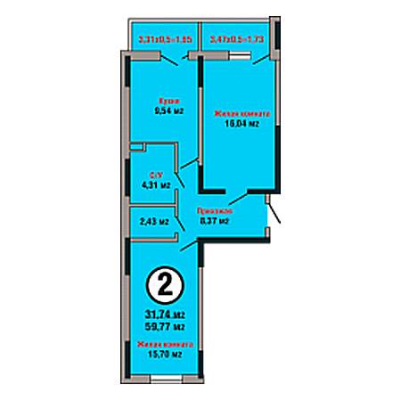 2 комнатная 59.77м²