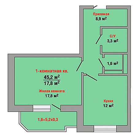 1 комнатная 45.2м²