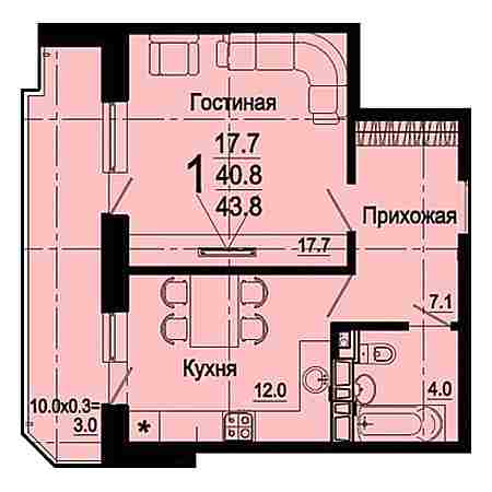 1 комнатная 43.8м²