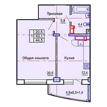 1 комнатная 44.5м²