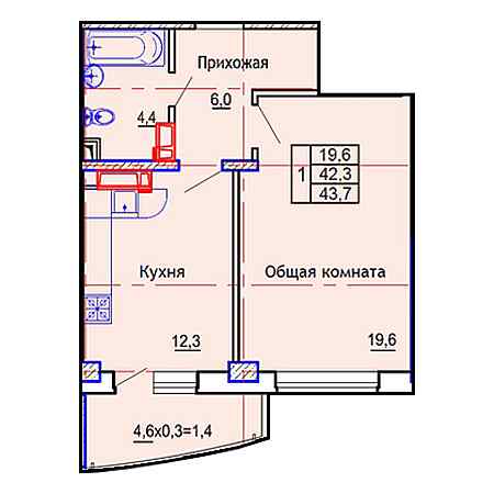 1 комнатная 43.7м²