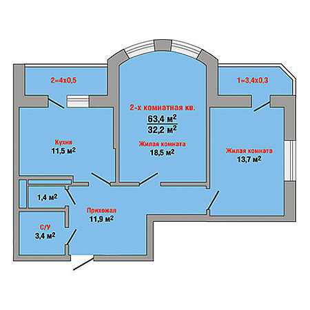 2 комнатная 63.4м²