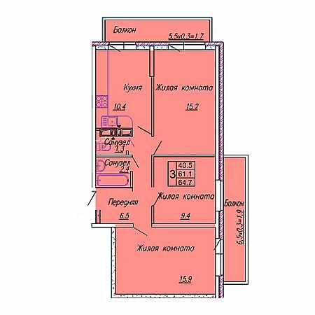 2 комнатная 64.7м²