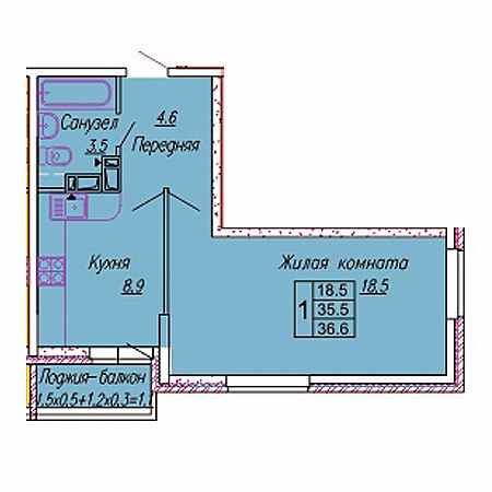 1 комнатная 36.6м²