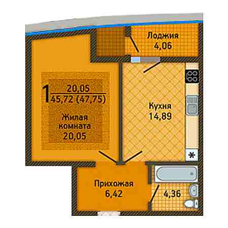 1 комнатная 45.72м²