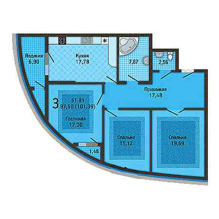 3 комнатная 97.5м²